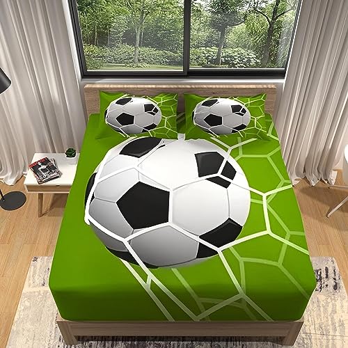 MORTRA 3D Fußball Spannbettlaken 90x200 cm, Fußball Bettlaken Set für Kinder Erwachsene, Mikrofaser Spannbetttuch - Tiefe Tasche 30 cm mit 1 Kissenbezügen von MORTRA