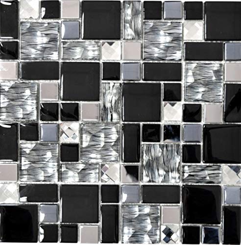 Glasmosaik Edelstahl Mosaikfliesen schwarz silber klar grau Fliesenspiegel Küchenrückwand Bad WC - MOS88-03689 von MOSANI