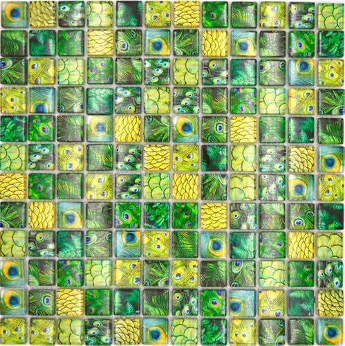 Glasmosaik Mosaikfliese grün glänzend Pfau Wand Küche Bad Dusche MOS68-WL84 von MOSANI