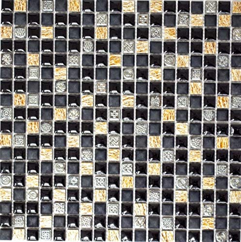 Glasmosaik Naturstein Mosaikfliese Resin schwarz gold silber Küchenrückwand Spritzschutz Fliesenspiegel Bad - MOS92-0301 von MOSANI