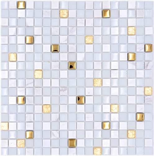 Glasmosaik Naturstein Mosaikfliese weiß gold Fliesenspiegel Küchenrückwand Spritzschutz Badfliese Wand - MOS92-640 von MOSANI