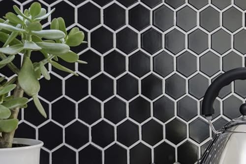 Handmuster Mosaik Fliese Keramik Hexagon schwarz matt Duschrückwand Fliesenspiegel MOS11B-0311_m von MOSANI