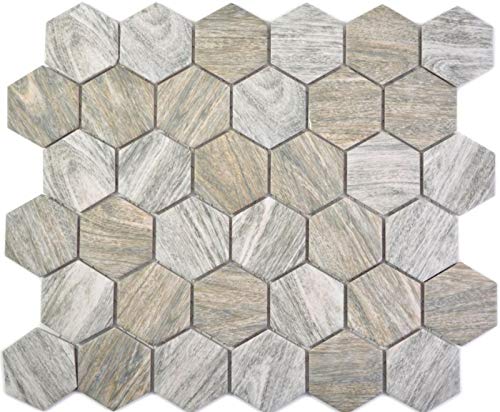 Hexagonale Sechseck Mosaik Fliese Keramik Holzmaserung grau braun mix Mosaikfliese Wand Fliesenspiegel Küche Bad - MOS11H-0200 von MOSANI