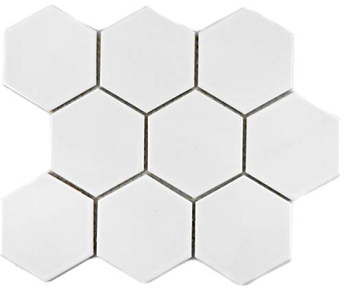 Hexagonale Sechseck Mosaik Fliese Keramik XL weiß glänzend Küchenfliese WC Badfliese Küchenrückwand Wand - MOS11F-0101 von MOSANI