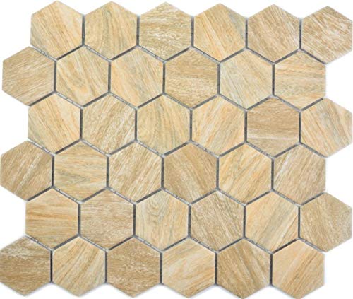 Hexagonale Sechseck Mosaik Fliese Keramik beige braun mix Holzoptik Fliesenspiegel Küchenrückwand Badfliese - MOS11H-0011 von MOSANI