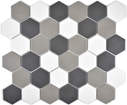 Hexagonale Sechseck Mosaik Fliese Keramik weiß grau schwarz unglasiert rutschsicher Fliesenspiegel Badfliese - MOS11B-0123-R10 von MOSANI