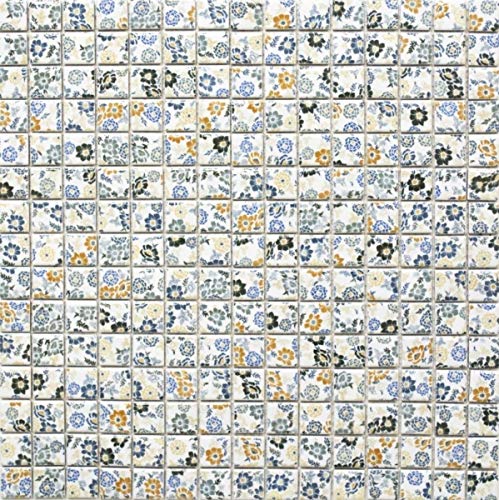 Keramik Mosaik Retro Vintage weiß bunt Blumen Mosaikfliese Fliesenspiegel MOS18C-1401 von MOSANI