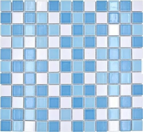 Keramik Mosaik Schwimmbadmosaik Mosaikfliese blau weiss glänzend Duschwand MOS18-0407 von MOSANI