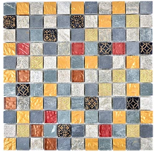 Kunststein Rustikal Mosaikfliese Glasmosaik Quarz Resin anthrazit grau schwarz gold rot Fliesenspiegel Wand Bad Küche - MOS83-0207 von MOSANI