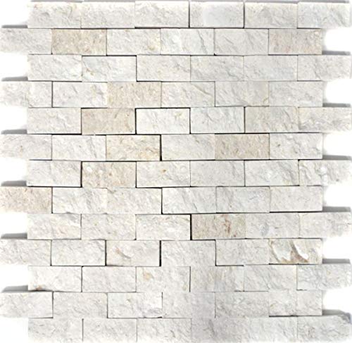 Kalkstein Mosaik Naturstein Splitface Steinwand weiß creme Brick Limestone 3D Optik Fliesenspiegel Wandfliese Bad - MOS29-49248 von MOSANI