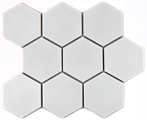 Hexagonale Sechseck Mosaik Fliese Keramik XL weiß matt Küchenfliese WC Badfliese Spritzschutz Wandverblender - MOS11F-0111 von MOSANI