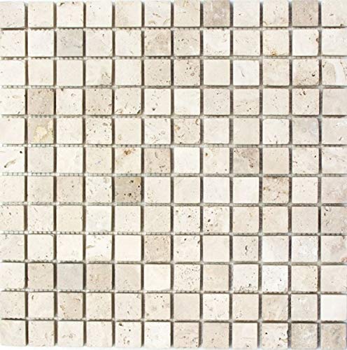 Travertin Mosaikfliesen Steine Wand Boden Naturstein hellbeige creme Wandverkleidung Küchenrückwand Duschtasse - MOS43-46023 von MOSANI