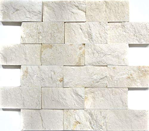 Kalkstein Mosaik Naturstein Splitface Steinwand weiß creme Brick Limestone 3D Optik Fliesenspiegel - MOS29-49792 von MOSANI