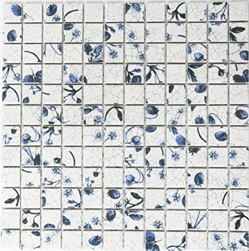 Keramik Mosaik Retro Vintage weiß blaue Blume Mosaikfliese Küchenrückwand MOS18D-1404 von MOSANI