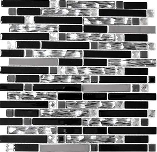 Glasmosaik Stäbchen Edelstahl silber schwarz Fliesenspiegel Küchenwand MOS67-GV478 von MOSANI