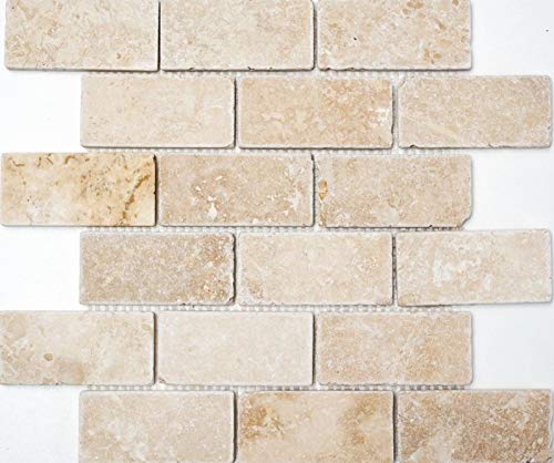 Travertin Mosaikfliesen Steine Wand Boden Naturstein beige Brick Backstein Optik Wandfliese Duschtasse Küchenfliese - MOS43-1202 von MOSANI