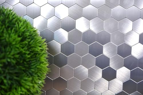 Handmuster Mosaikfliese Fliesenspiegel selbstklebend Aluminium silber metall Hexagon metall MOS200-22MHX_m von MOSANI