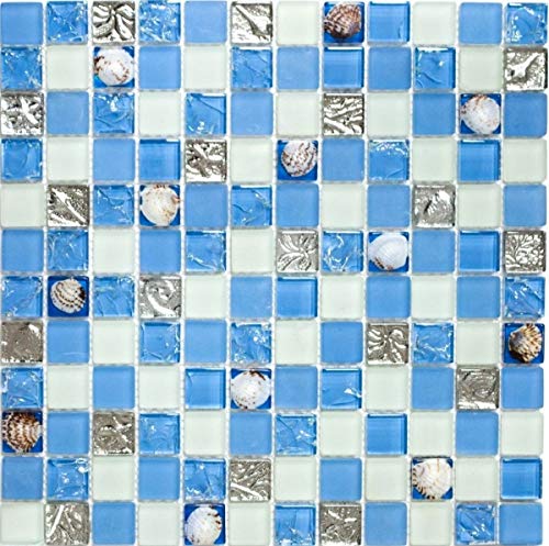 Muschelmosaik Mosaikfliesen weiss matt blau silber Glasmosaik MOS82B-0104 von MOSANI