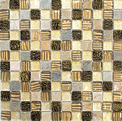 Naturstein Rustikal Quarzit Mosaikfliese Glasmosaik Resin gold braun beige Struktur Fliesenspiegel Küchenrückwand Bad WC - MOS83-CR17 von MOSANI