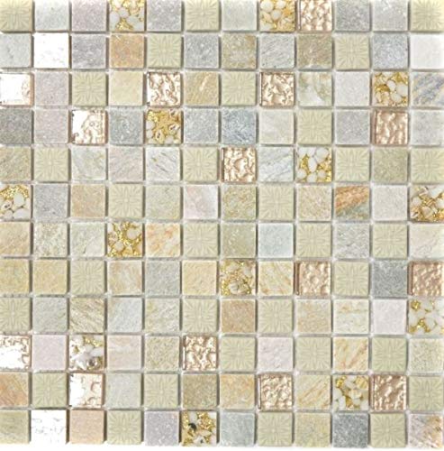 Naturstein Rustikal Quarzit Naturstein Mosaikfliese Glasmosaik gold beige hellgrau honey Fliesenspiegel Wandverkleidung Küche WC - MOS83-CR27 von MOSANI