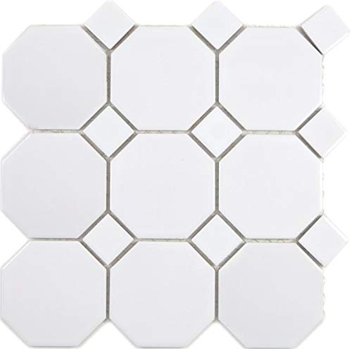 Octagonale Achteck Keramik Mosaik weiß matt mit weiß glänzend Mosaikfliese Wand Fliesenspiegel Küche - MOS13-Octa0111 von MOSANI