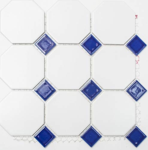 Octagonale Achteck Mosaik Fliese Keramik weiß matt kobaltblau glänzend Mosaikwand Küchenrückwand MOSOcta-180 von MOSANI