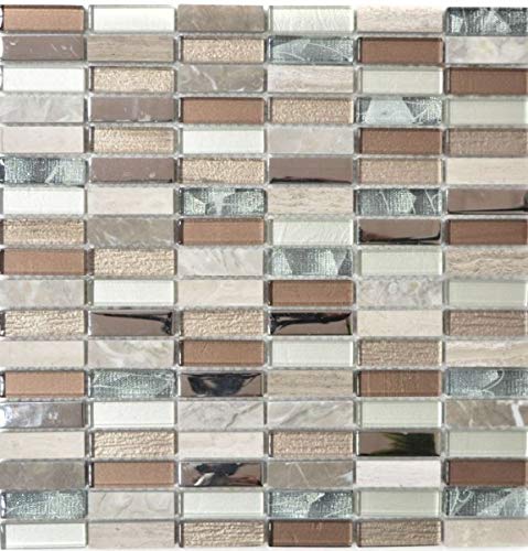 Riemchen Rechteck Mosaikfliesen Glasmosaik Stäbchen hellbraun silber grau Naturstein Marmor Fliesenspiegel Küche Wand - MOS87-SM68 von MOSANI