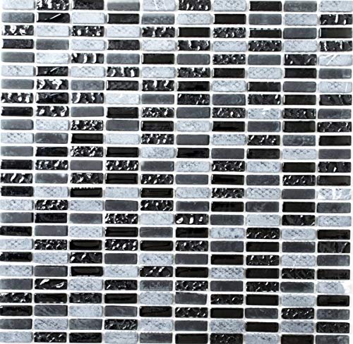 Riemchen Rechteck Mosaikfliesen Glasmosaik Stäbchen mini grau schwarz anthrazit Naturstein Struktur Fliesenspiegel Küche WC - MOS87-1403 von MOSANI