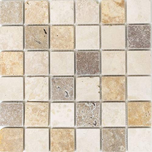 Travertin Mosaikfliesen Steine Wand Boden Naturstein Medio beige braun goldbraun Fliesenspiegel Küchenrückwand Wandfliese - MOS43-46685 von MOSANI