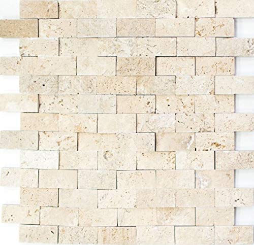 Travertin Steinwand Steine Wand Naturstein beige Brick Splitface 3D Optik Fliesenspiegel Küchenfliese Wand - MOS43-46248 von MOSANI