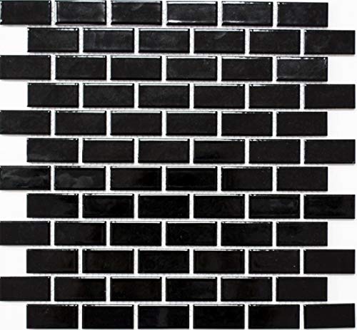 Verbund Mosaik Riemchen Keramik Brick schwarz glänzend Küchenrückwand Spritzschutz MOS24-4BG von MOSANI