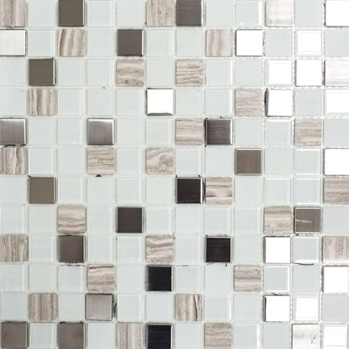 selbst"kle"bende Glasmosaik Mosaikfliese Naturstein Edelstahl cream weiss MOS200-4CM32 von MOSANI