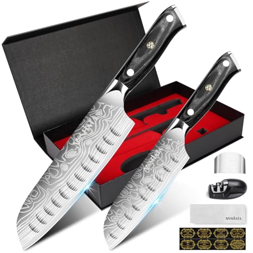 MOSFiATA 2PCS Küchenmesser, Vatertagsgeschenk für Papa, 7 Zoll und 5.5 zoll Santoku Messer, Kochmesser Profi Japanisches Messer Kommt mit Scheide und Waschlappen von MOSFiATA
