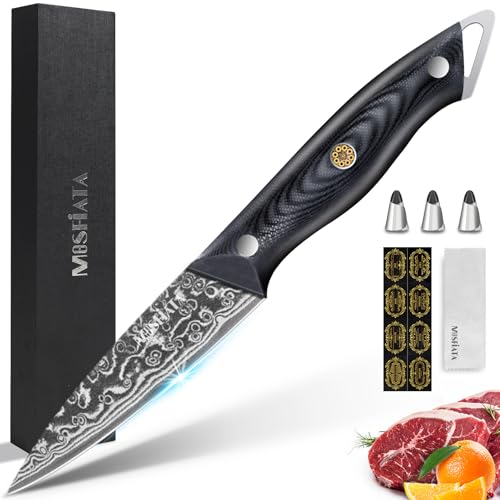 MOSFiATA 3,5 Zoll Damast Obstmesser Gemüsemesser, VG10 Damaszener Stahl, Geschenkset mit Tuch und 3 Fingerhüllen von MOSFiATA