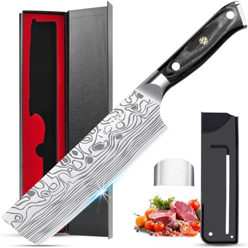MOSFiATA Nakiri Messer Kochmesser,Küchenmesser Mehrzweck Fleischmesser,mit Fingerschutz und Klingenschutz in Geschenkbox, Deutscher Edelstahl EN1.4116 Nakiri Gemüsemesser, mit Geschenkbox von MOSFiATA