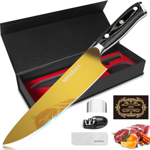 MOSFiATA 8 Zoll Kochmesser Titanbeschichtete Gold–EN1.4116 Hochkarbon Edelstahl Küchenmesser, Messer mit Fingerschutz, Messerschärfer und Pflegetuch – Geschenkverpackung von MOSFiATA