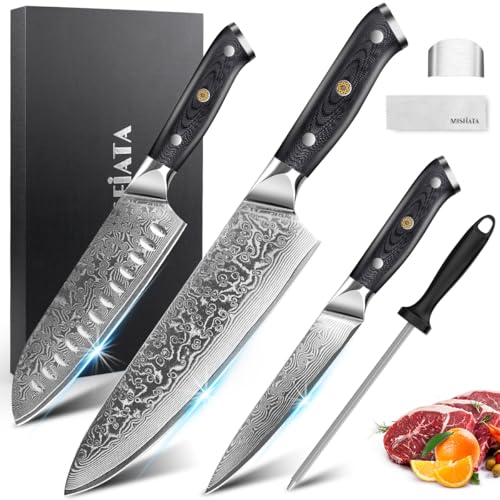 MOSFiATA Damastmesser Set 3PCS, Küchenmesserset aus VG10 Stahl - Inklusive 8" Kochmesser, 7" Santokumesser, 5" Utility Messer-Hochwertige Geschenkbox von MOSFiATA