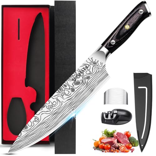 MOSFiATA Kochmesser, Küchenmesser Fleischmesser Profi 20CM aus EN.4116 Deutschem Edelstahl Schafe Klinge Ergonomischer mit Fingerschutz und Messerschärfer in Geschenkbox von MOSFiATA