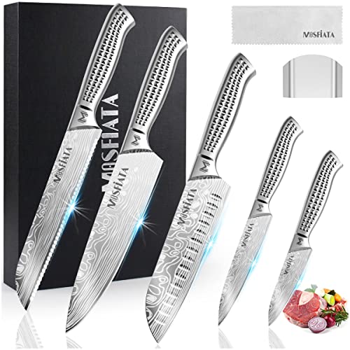 MOSFiATA Küchenmesser Set Edelstahl, 5pcs Küchenmessersets, Kochmesser, Santoku Messer, Utility Messer, Brotmesser, Schälenmesser, mit Fingerschutz und Geschenkbox von MOSFiATA