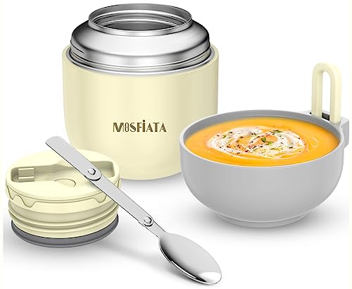 MOSFiATA Thermobehälter für Essen, Warmhaltebehälter Edelstahl 500ml Speisegefäß für Essen, Thermo Lunchbox, Warmhaltebox, Thermobox für Mittagessen, mit faltbaren Löffel Suppen Beige von MOSFiATA