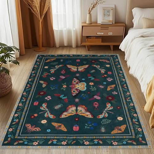 MOSISO 152 x 213cm Teppich für Wohnzimmer,rutschfest Vintage Schmetterling&Insekt Niederflur Teppich,Kunstwolle Rechteckig Waschbare Teppiche Für Wohnzimmer Schlafzimmer Esszimmer Zuhause,Grün von MOSISO