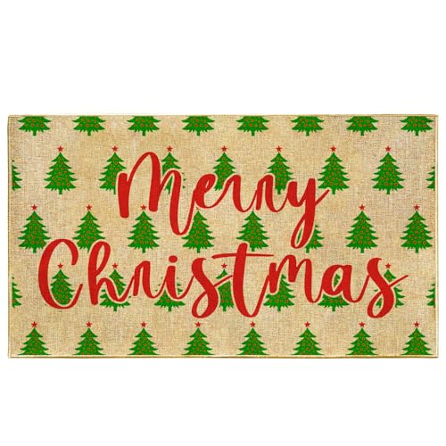 Fußmatte mit Aufschrift "Merry Christmas", für drinnen und draußen, kleiner grüner Kiefernbaum, Fußmatte, für den Eingangsbereich, rutschfest, für den Eingangsbereich, Teppich für Vorder- und Fußmatte mit Aufschrift "Merry Christmas", für drinnen und draußen, kleiner grüner Kiefernbaum, Fußmatte, für den Eingangsbereich, rutschfest, für den Eingangsbereich, Teppich für Vorder- und von MOSITU