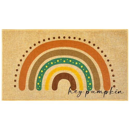 Herbst-Fußmatte, Boho-Fußmatte, Motiv: Hey Kürbis, Herbst-Fußmatte, niedlicher Regenbogen-Matte für drinnen und draußen, Teppich, Veranda, Terrassendekoration Herbst-Fußmatte, Boho-Fußmatte, Motiv: Hey Kürbis, Herbst-Fußmatte, niedlicher Regenbogen-Matte für drinnen und draußen, Teppich, Veranda, Terrassendekoration von MOSITU