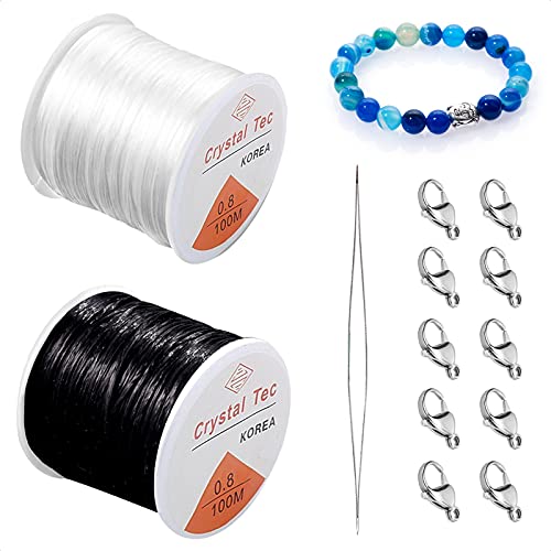 MOSNOW 2 Rollen Elastischer Kristalldraht Set, Schwarz Transparent Schmuckdraht mit 1 Nadeln für Perlen und 10 Schnalle für Schmuck, geeignet zum Basteln von Schmuck, Halsketten von MOSNOW