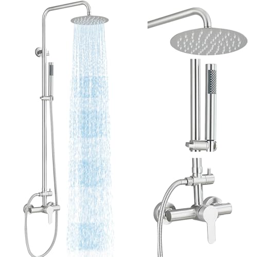 MOSSON Regenduschsystem, Außendusche, Armaturen mit 20,3 cm Regenduschkopf, Handbrause, Einhandbrause, Wandmontage, Badezimmer-Dusche, Wasserhahn-Set, Gebürstetes Nickel für Badezimmer oder Hinterhof von MOSSON