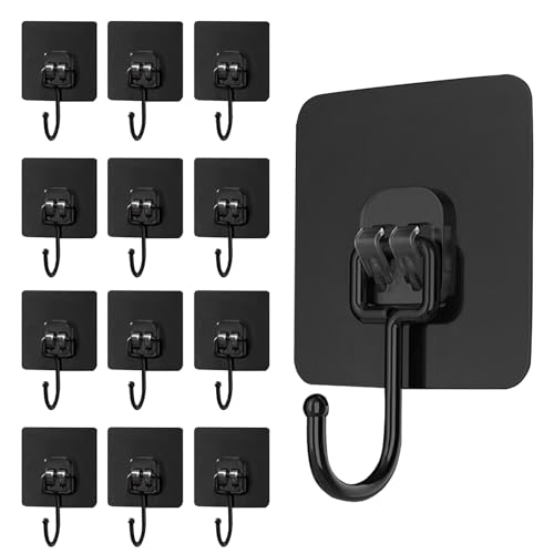 MOSTFUN 12 Stück Haken Selbstklebend, Schwarz Klebehaken 30kg (Max) Selbstklebend Haken Extra Stark Wasserdicht und Spurlos Klebehaken Wandhaken Selbstklebend für Küche Bad Wand & Decke Aufhänger von MOSTFUN