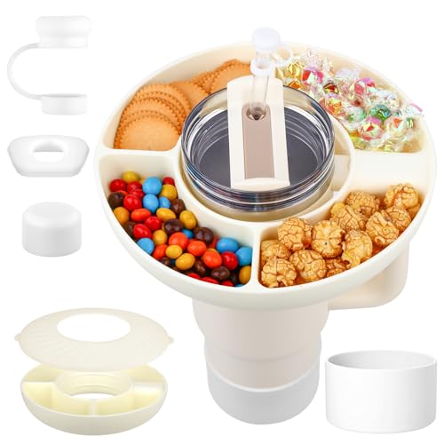 MOSTFUN Snackteller mit Deckel für Stanley Cup 40oz, Wiederverwendbare Stanley Cup mit Strohhalm Abdeckung und Schutz Boden, Snackschale Stanley Cup Teller mit 4 Fächer für Nüsse Lebensmittel (Beige) von MOSTFUN
