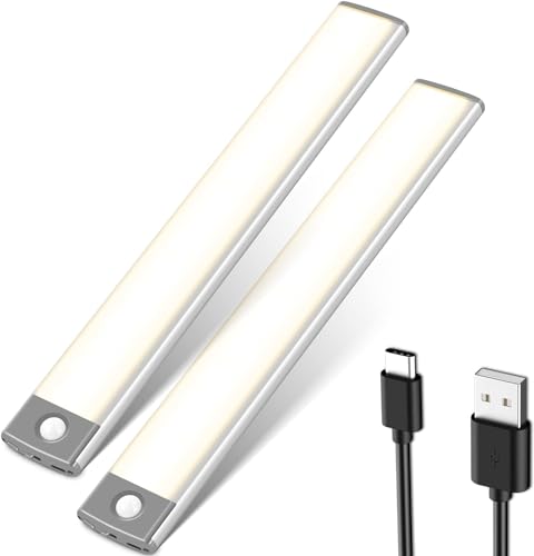 Schrankbeleuchtung LED mit Bewegungsmelder Schranklicht Schrankleuchte LED Leiste Batterie USB Wiederaufladbar Für Kleiderschrank,Treppe,Kofferraum, 2 Stück, 3 Farben von MOSTON