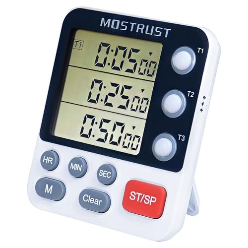 MOSTRUST Digitaler Dual-Küchen-Timer, 3 Kanäle Count UP/Down Timer, Kochtimer, großes Display Triple Timer, Ständer, Batterie im Lieferumfang enthalten (M318) von MOSTRUST