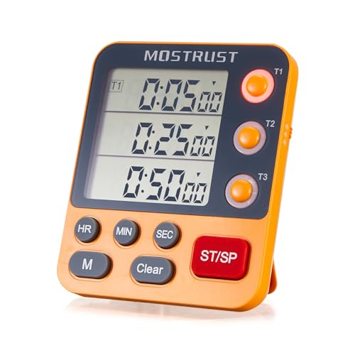 Digitaler Dual-Küchentimer, 3 Kanäle, Countdown/Up-Dreifach-Koch-Timer zum Backen, magnetischer Speicher-Preset, großes Display, einstellbare Alarm-Lautstärke, mehrmaliges Management, 3-A-Batterie im von MOSTRUST
